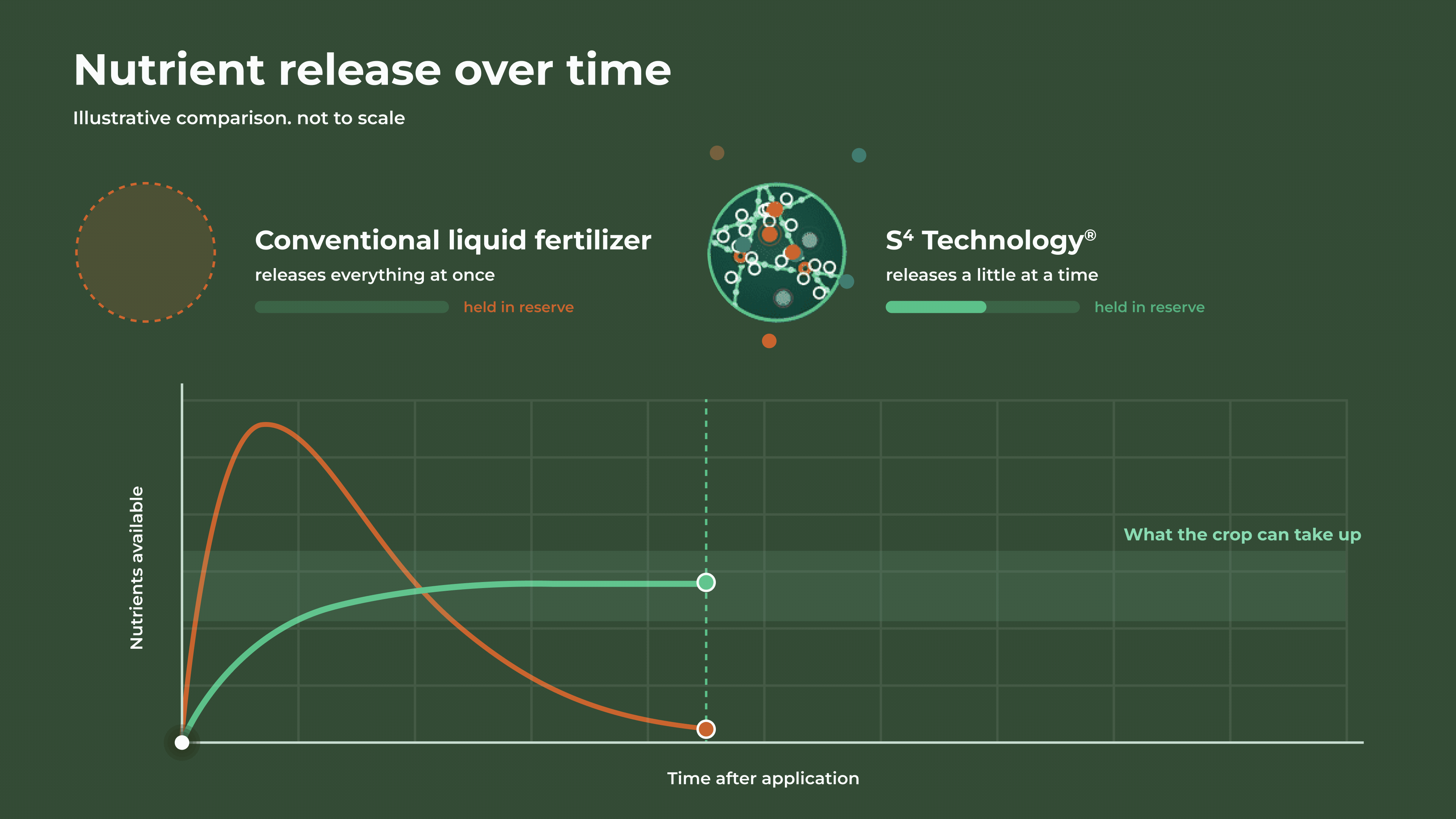Nutrient release over time: conventional liquid fertilizer peaks then drops, S4 stays steady