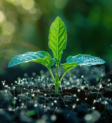 Young green plant with dew drops growing from fertile soil