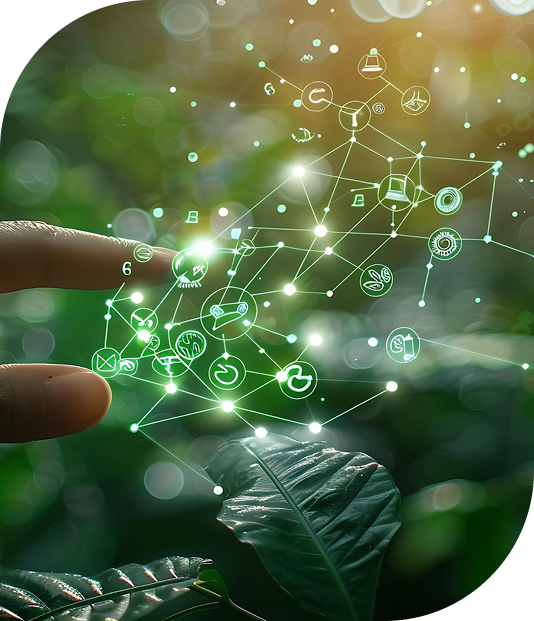 A fingertip touching a glowing network of plant and nutrient icons above a green leaf